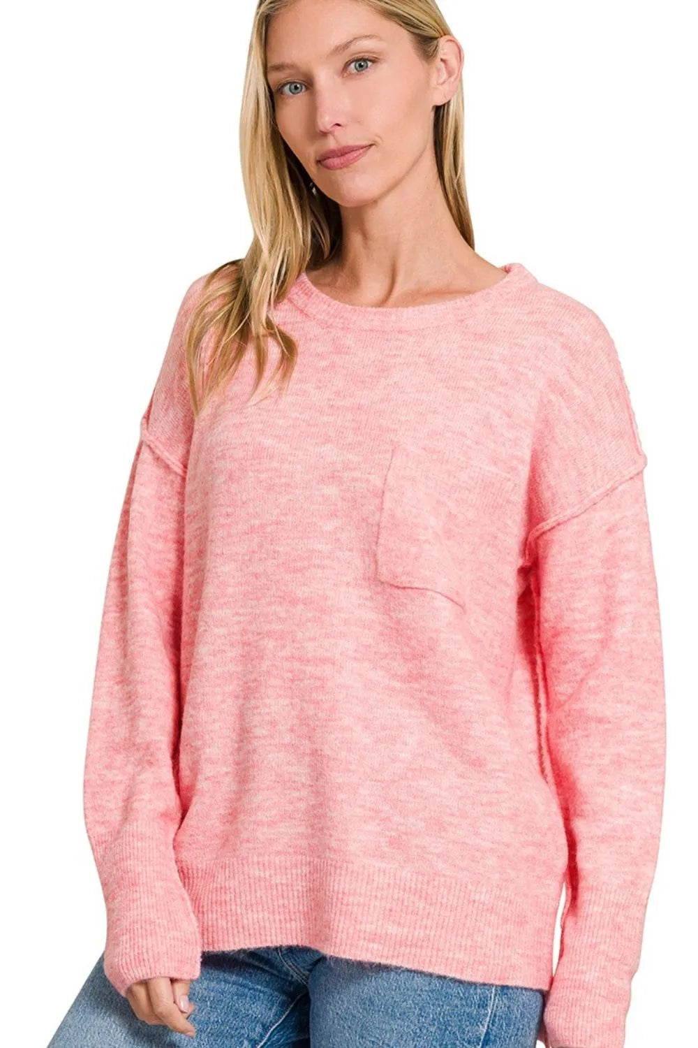 Zenana Melange Hi-low Hem Round Neck Sweater-0