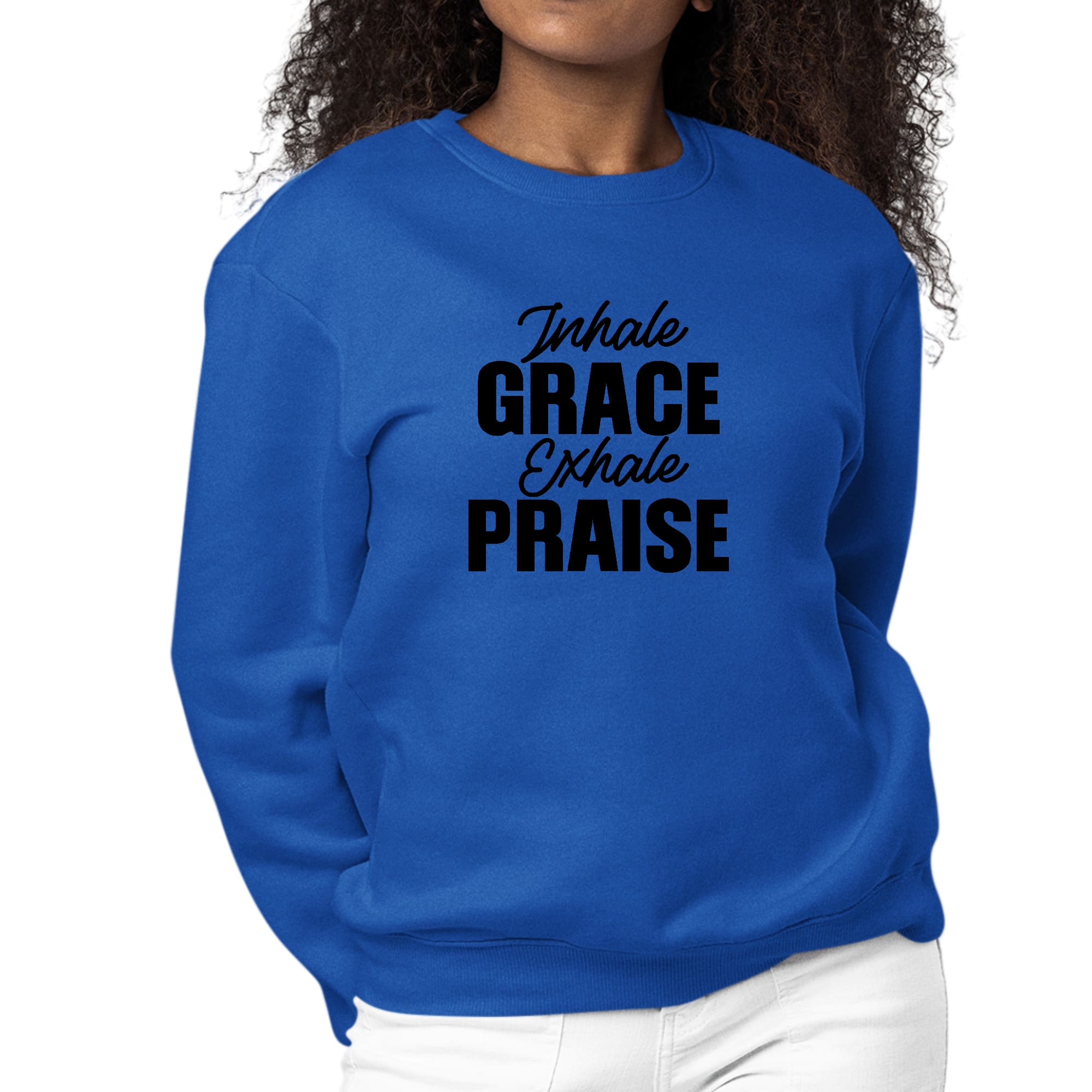 Womens Graphic Sweatshirt Inhale Grace Exhale Praise Black-2
